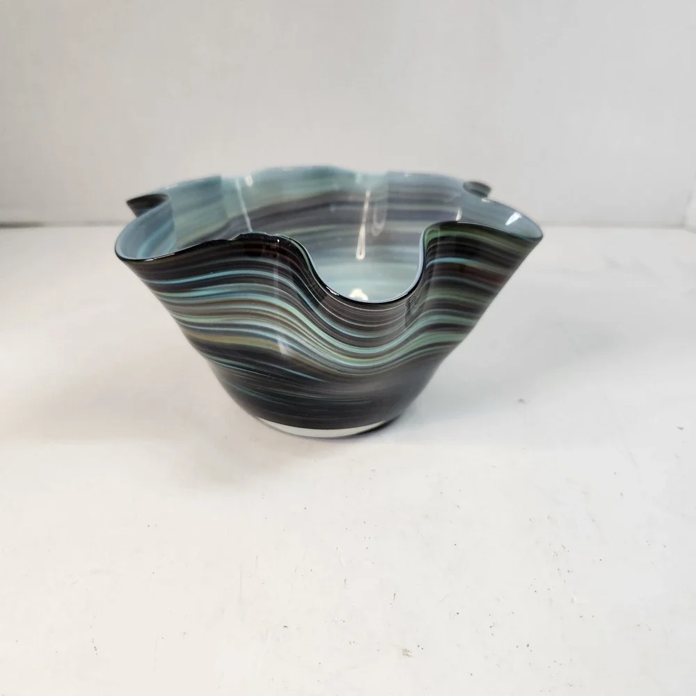 Vintage 3 Pc Murano-Style Art Glass Handkerchief Bowl Set Blue-Green Swirl Read
